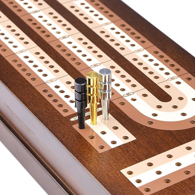 AMEROUS Wooden Cribbage Board Game Set with Magnetic Lock - Metal Pegs - 2 Playing Cards - Continuous 3 Track Board - Larger Storage Area Travel Portable Cribbage Game Sets for Family
