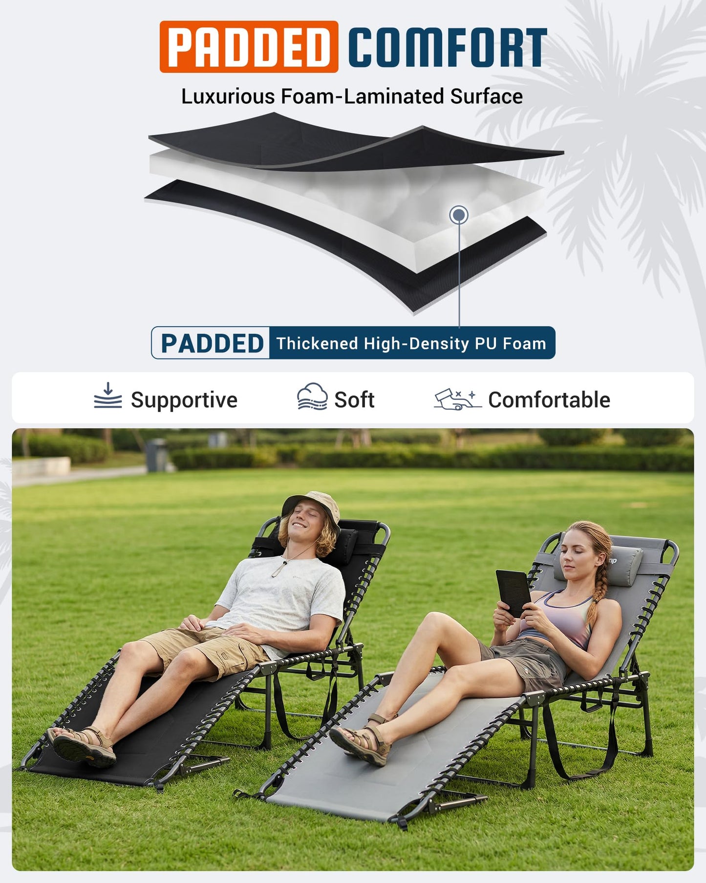KingCamp Oversized Tanning Chair, Extra-Wide Padded Folding Chase Lounge Chairs Portable Adjustable 5-Position 440lbs Heavy Duty Lounger with Double-Layer Oxford for Outdoor Beach Patio Sun Pool Black