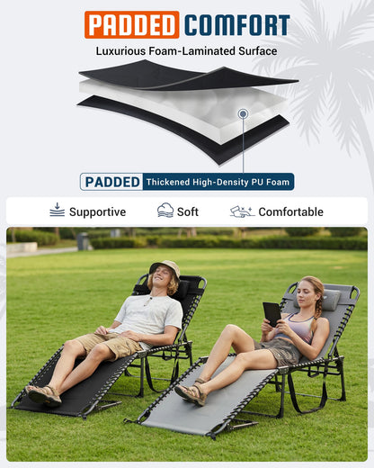 KingCamp Oversized Tanning Chair, Extra-Wide Padded Folding Chase Lounge Chairs Portable Adjustable 5-Position 440lbs Heavy Duty Lounger with Double-Layer Oxford for Outdoor Beach Patio Sun Pool Black