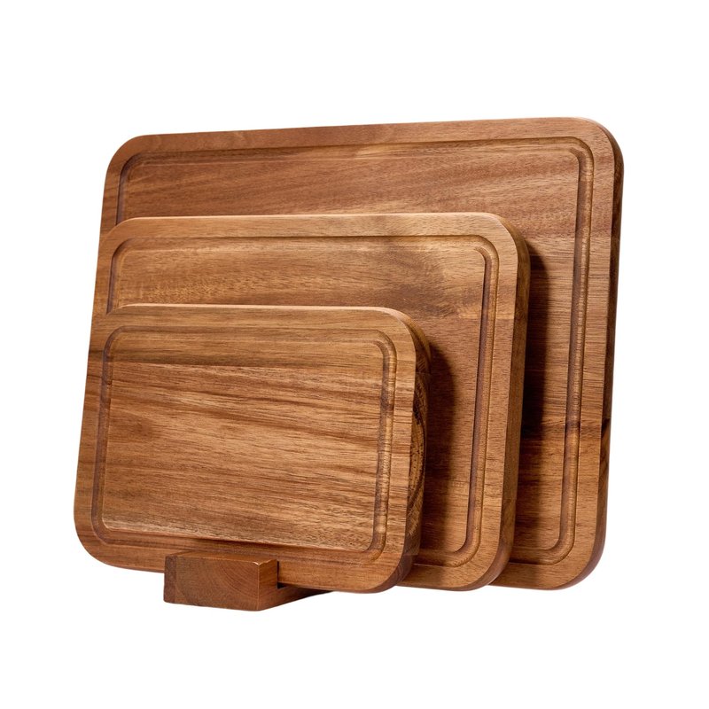 Acacia Wood Cutting Board Set with Holder, Wooden Cutting Boards for Kitchen, Reversible Chopping Boards for Meat, Vegetables, Cheese, Set of 3
