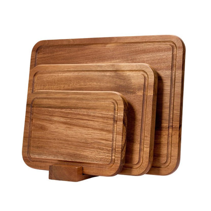 Acacia Wood Cutting Board Set with Holder, Wooden Cutting Boards for Kitchen, Reversible Chopping Boards for Meat, Vegetables, Cheese, Set of 3