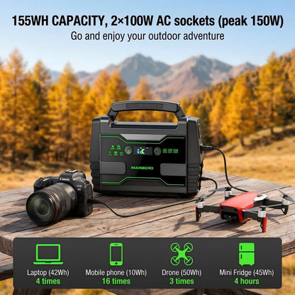 MARBERO Solar Generator 155Wh with 30W Solar Panel Portable Power Station with 2x 100W AC Outlets(Peak 150W), QC3.0 USB UL Certified for Home Blackout, Camping, RV Travel, Ultra-Light & Silent Fan