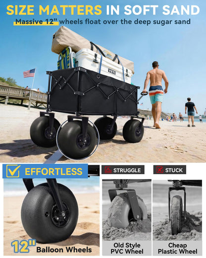 Hikenture Beach Wagon with 12" Balloon Wheels, Upgraded PU Tires Collapsible Wagon, 500lbs Heavy Duty Beach Cart for Sand, Large Capacity Foldable Utility Wagon for Family Outings