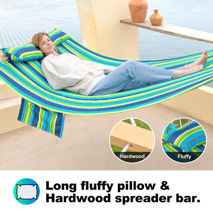 GAFETE Hammock 2 Person Quilted Fabric Hammocks for Outside, Double 12ft Hammocks with Spreader Bar, Large Removable Pillow, Storage Bag, Carabiners, Max 475 lbs Capacity (Garden)