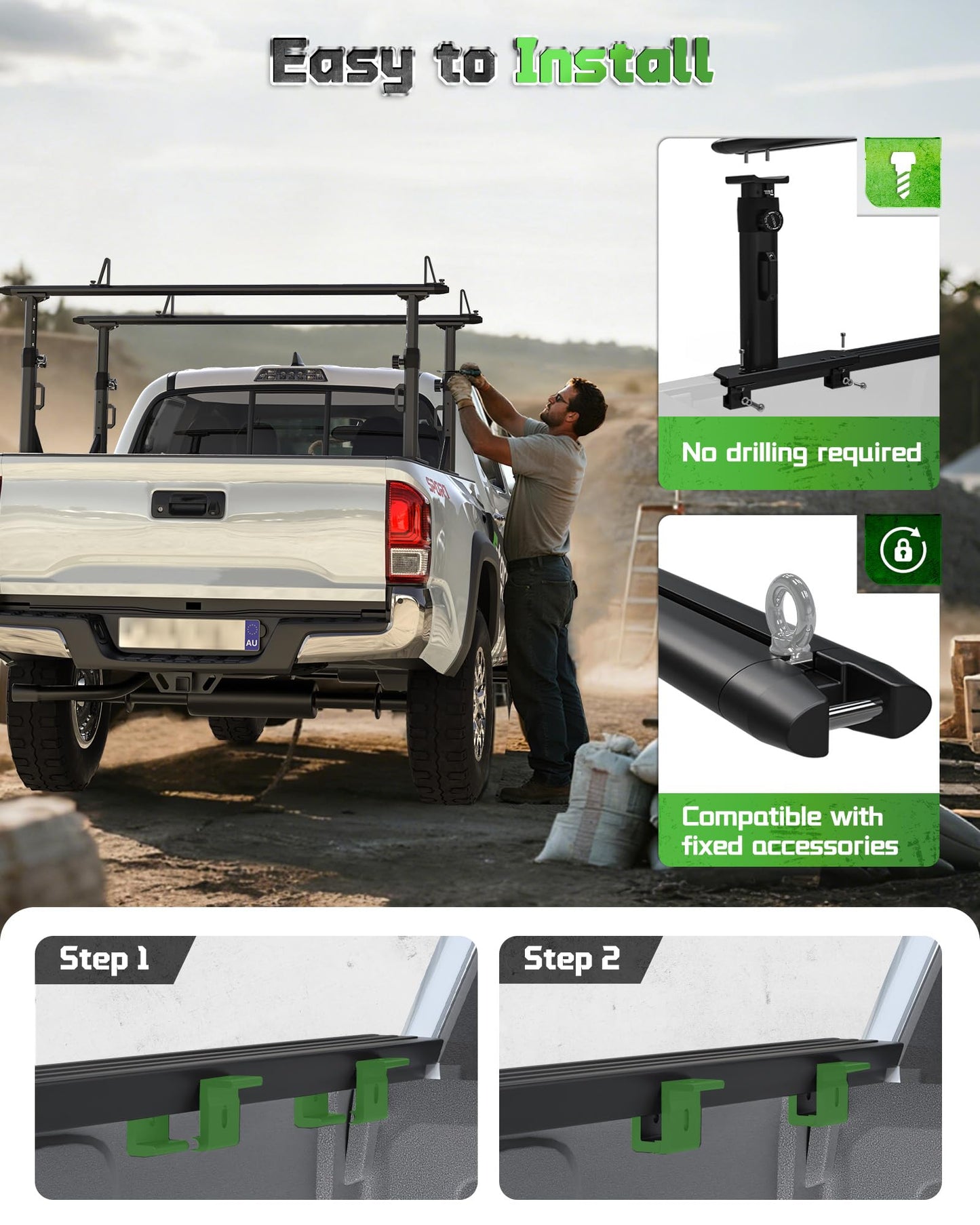 StarONE Heavy Duty Truck Ladder Rack, Adjustable Height Aluminum Truck Bed Rack Fit for Tacoma/Gladiator with Bed Rails, 800 LBS Capacity for Carrying Lumber/Ladders/Kayak
