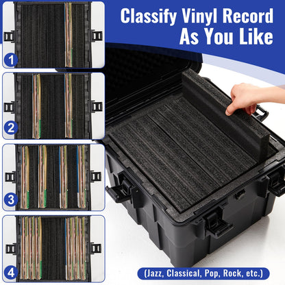 Stackable Vinyl Record Storage Case Box Holds 110 Records | High-Density Protective Foam | Hard Shell Storage Crate with Lid & Handles | Valuable LP Albums Organizer Cases Collection 7/10/12 Inch