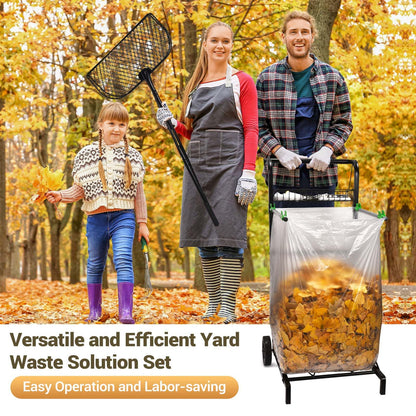CAROD Mobile Trash Bag Holder with Storage Basket and Ergonomic Handle, Convenient Leaf Bag Cart with Leaves Grabber Rake Combo, Suitable for Leaves, Weeding, Camping, Party