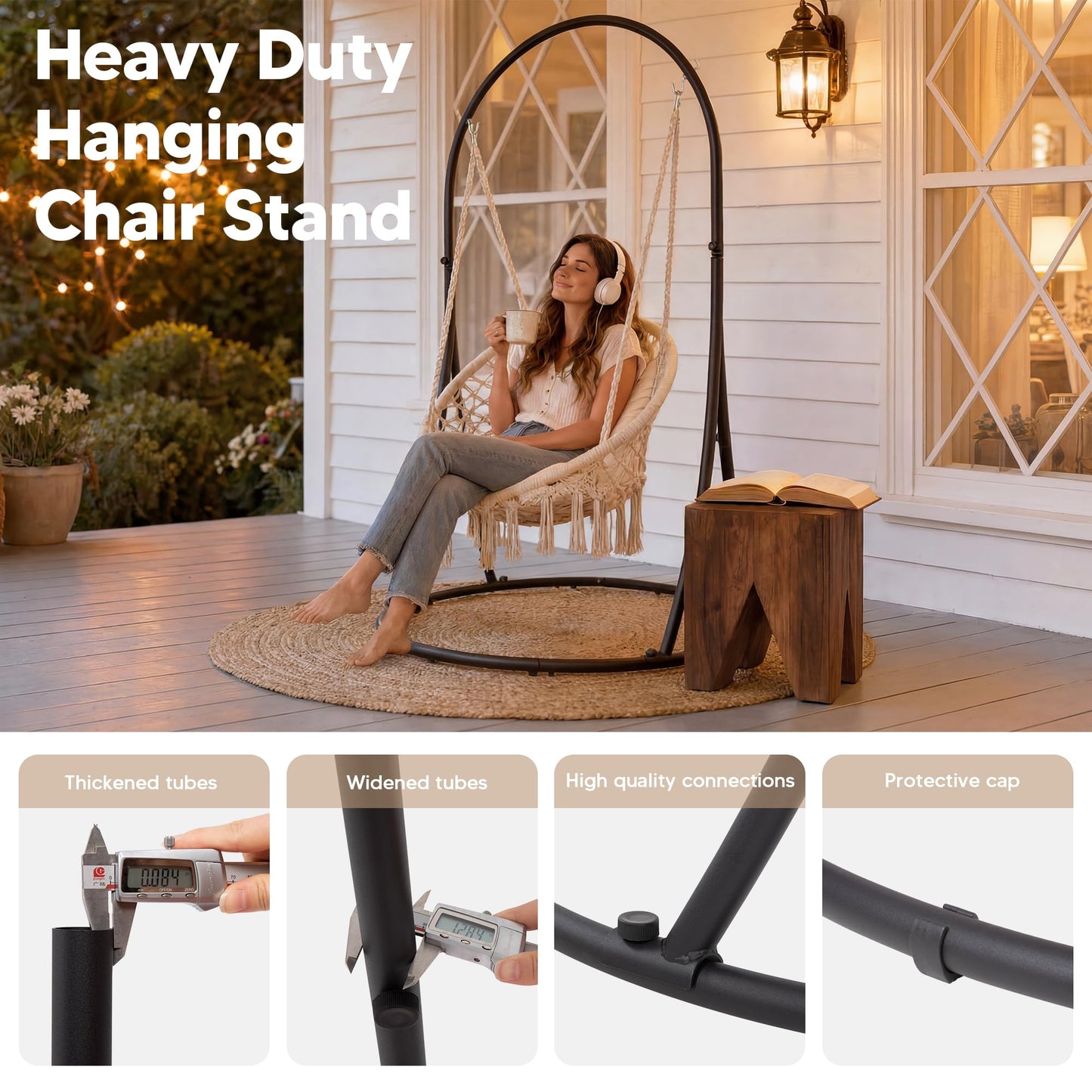SUNCREAT Hammock Chair with Stand Included, Heavy Duty Hanging Chair with Stand, 330 lbs Capacity, Patented, Beige