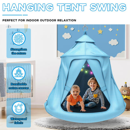 Swing Set with Tent Swing, Hanging Tree Tent w/Swing Frame, X-Shaped Swing Stand with Tent Swing, Tent Swing Chair, 330 lbs, w/Rainbow Lights String, Indoor Outdoor Use (Light Blue)