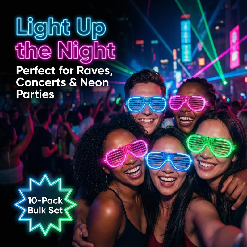 10PCS LED Light Up Glasses - 5 Neon Colors Glow in The Dark Party Supplies, Strobe Eyewear for Halloween Parties, Wedding, Birthday Bashes, Raves, Concerts & Gamer Parties