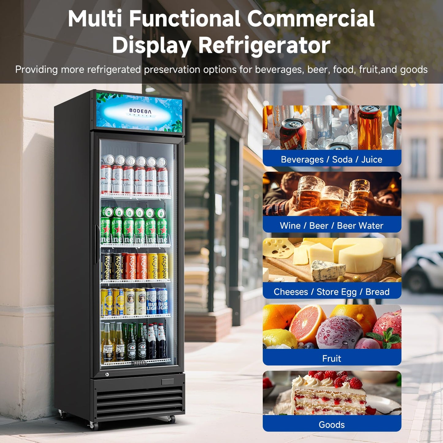 BODEGA BODEGACOOLER 9.0 Cu.Ft Commercial Beverage Refrigerator with Glass Door, Upright Display Merchandiser Fast Cooling Drink Cooler, Digital Thermostat, LED Light – Beat Summer Heat for Game Day.