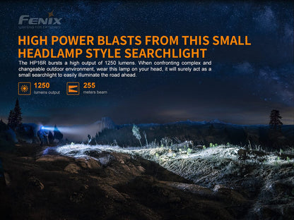 Fenix HP16R 1250 lumen dual white beam & red LED Headlamp, rechargeable battery with EdisonBright USB type-C charging cable