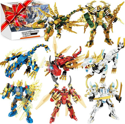 Ninja Mech Dragon Building Blocks Set 2-in-1 Transforming Robot &amp Elemental Action Figures 1222 PCS STEM Construction Toy for Kids 6-12 Birthday Gift Compatible with Major Brands (4 Elements)