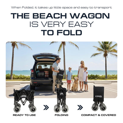 Beach Wagon with Big Wheels for Sand - Heavy Duty Collapsible Folding Utility Wagon Cart 300lb Capacity with 9” All-Terrain Pneumatic Tires & Cup Holders - Portable Garden Camping Outdoor Cart (Black)