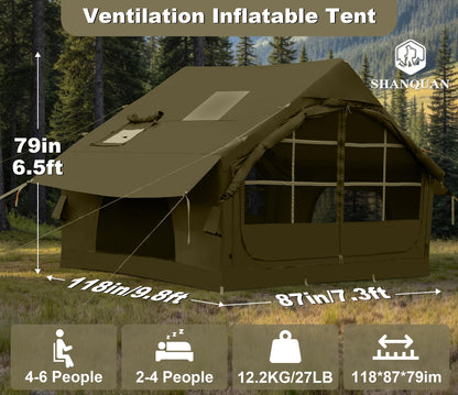 Inflatable Tents for Camping with Stove Jack,4-6 Person Easy Setup Blow Up Tents for 4 Seasons Waterproof Inflatable Camping Tent with Clear Skylight, Air House Glamping Tents for Adult