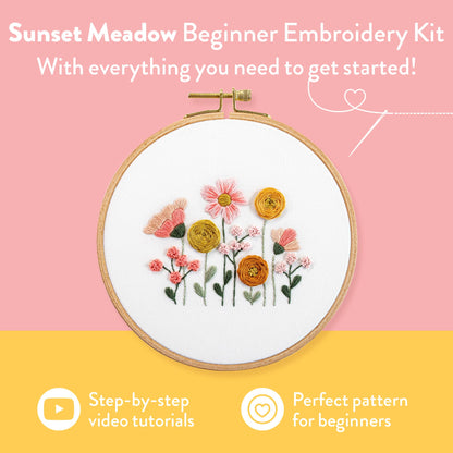 Clever Poppy Sunset Meadow Beginner Embroidery Kit – Easy Embroidery Kit for Beginners with Hoop, Thread & Patterns – Hand Embroidery Kit for Adults and Teens – Complete Embroidery Starter Kit