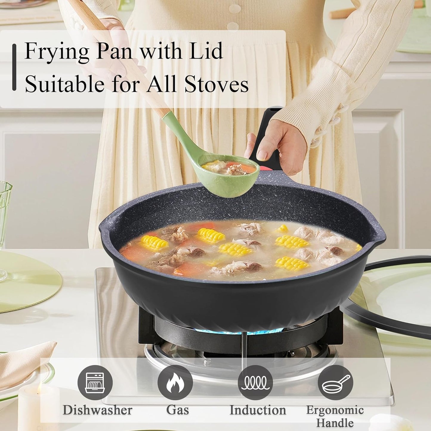 Vinchef Nonstick Skillet - 12.5In Aluminum Deep Frying Pan with Lid & Heat Indicator | Scratch-Resistant, Induction Compatible