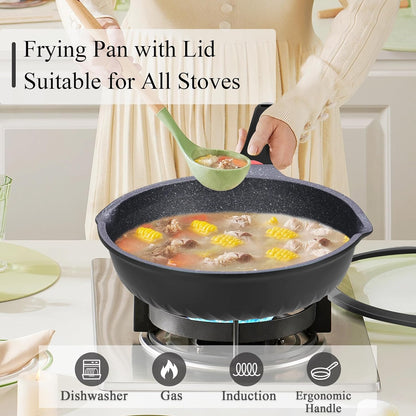 Vinchef Nonstick Skillet - 12.5In Aluminum Deep Frying Pan with Lid & Heat Indicator | Scratch-Resistant, Induction Compatible