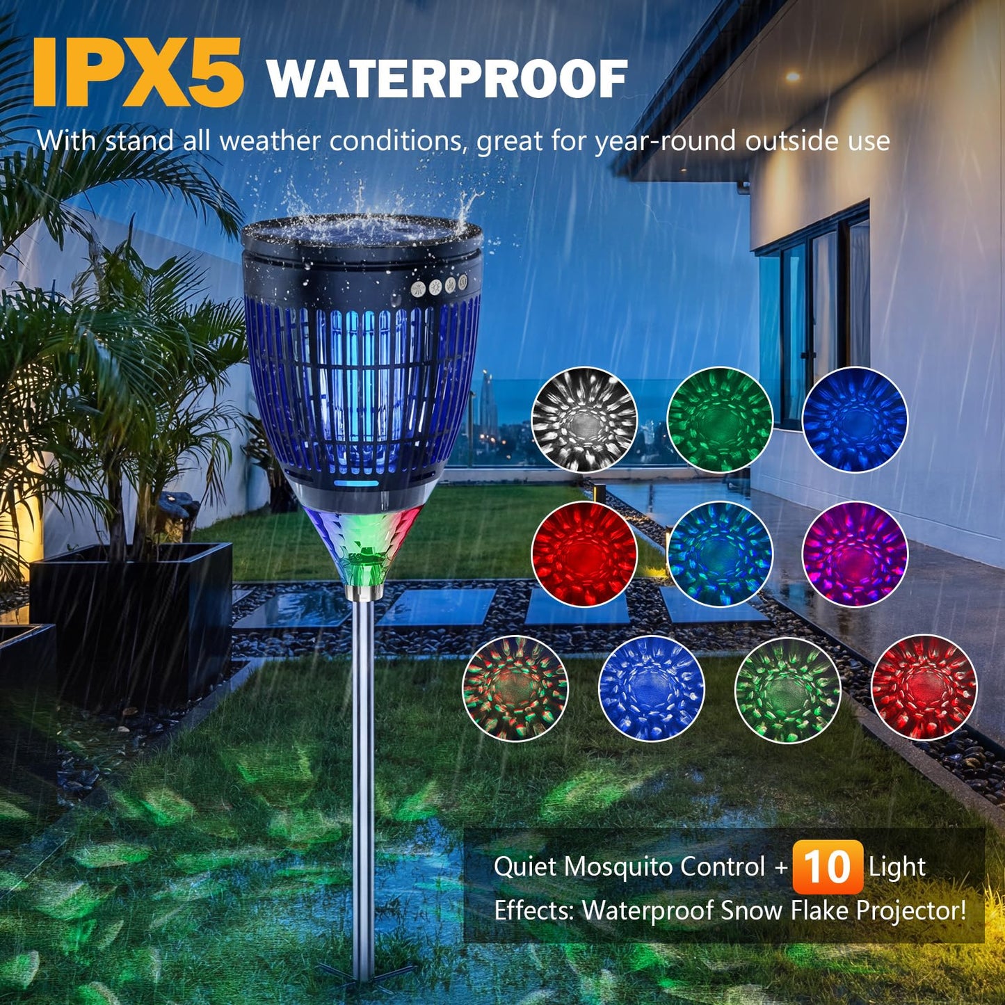 All in 1 Solar Bug Zapper Outdoor, Flame & Projection Mode, Auto/Manual Modes, 4200V Electric Mosquito Killer with High Powered, IPX5 Waterproof Rechargeable Fly Insect Trap for Patio Garden Yard RV