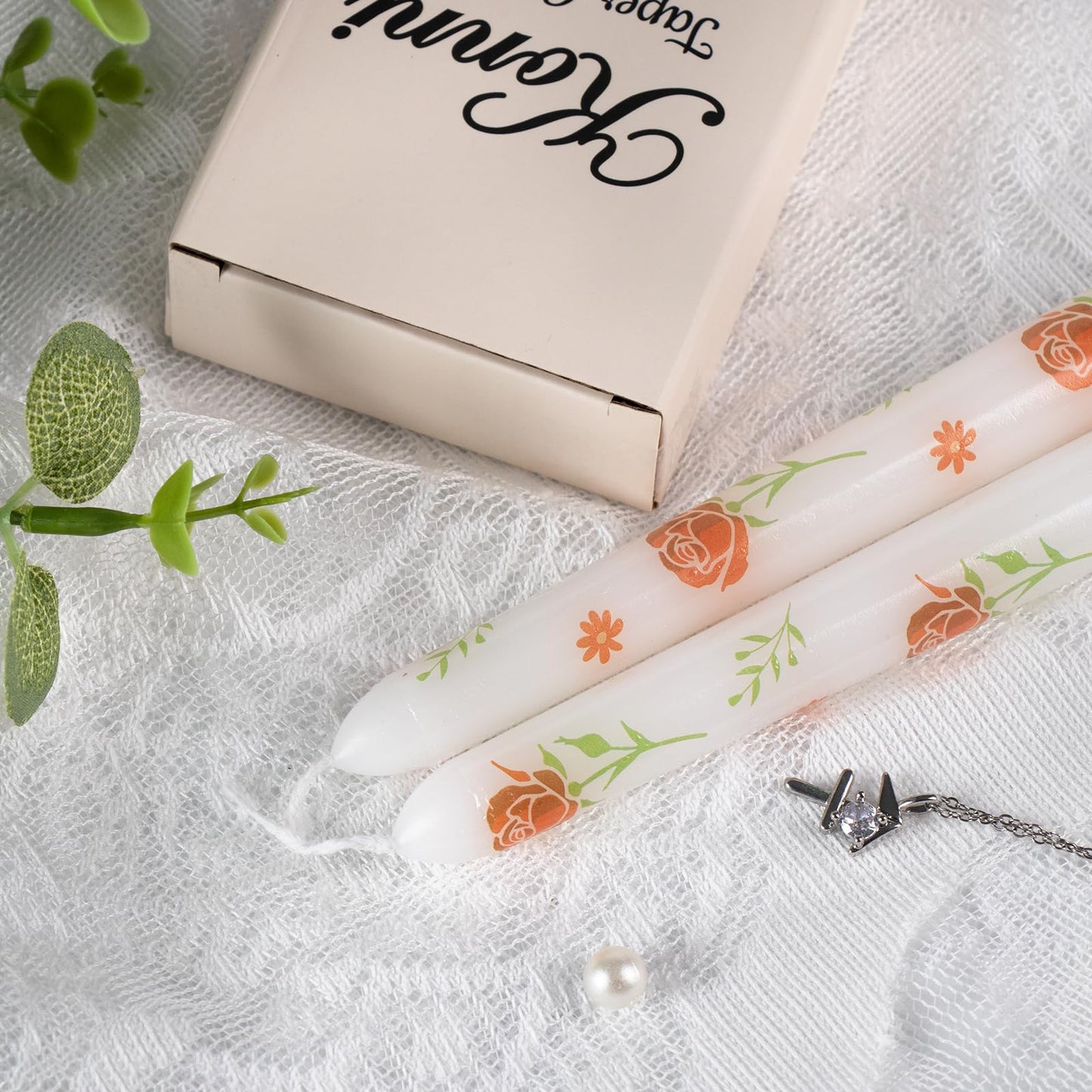 Taper Candles,10 inch 2pc White Tapered Candles with Red Rose Printed, Unscented and Smokeless Long Burning Candles,Tall Candlesticks with Cotton Wicks,Ideal for Weddings, Home Décor