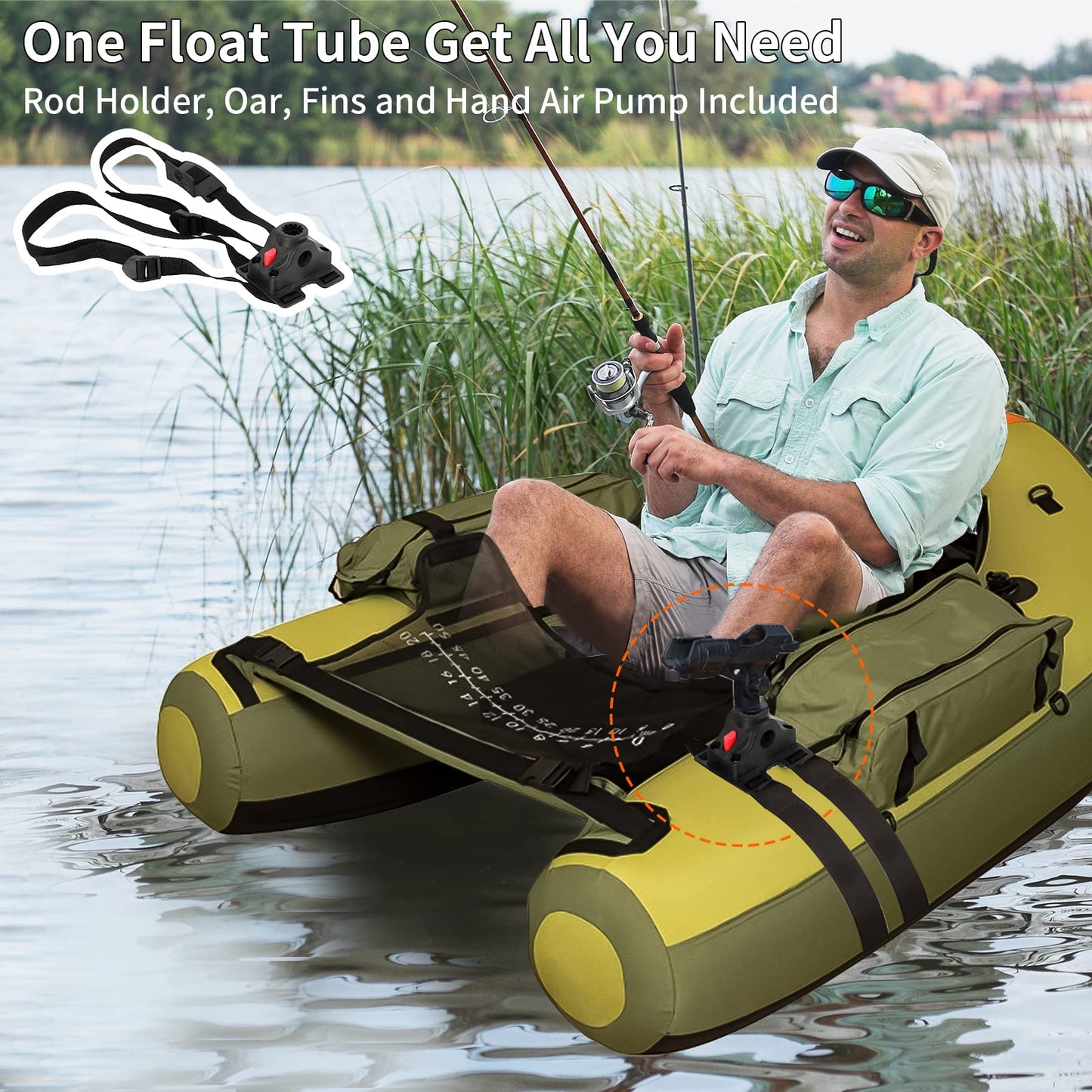 Xproutdoor Fishing Float Tube with Adjustable Backpack Straps, Storage Pockets, Fish Ruler, Fly Fishing Boat with Pump, Oar, Rod Holder and, Fins (Army Green, 27.09 x 20.31 x 10.79in)