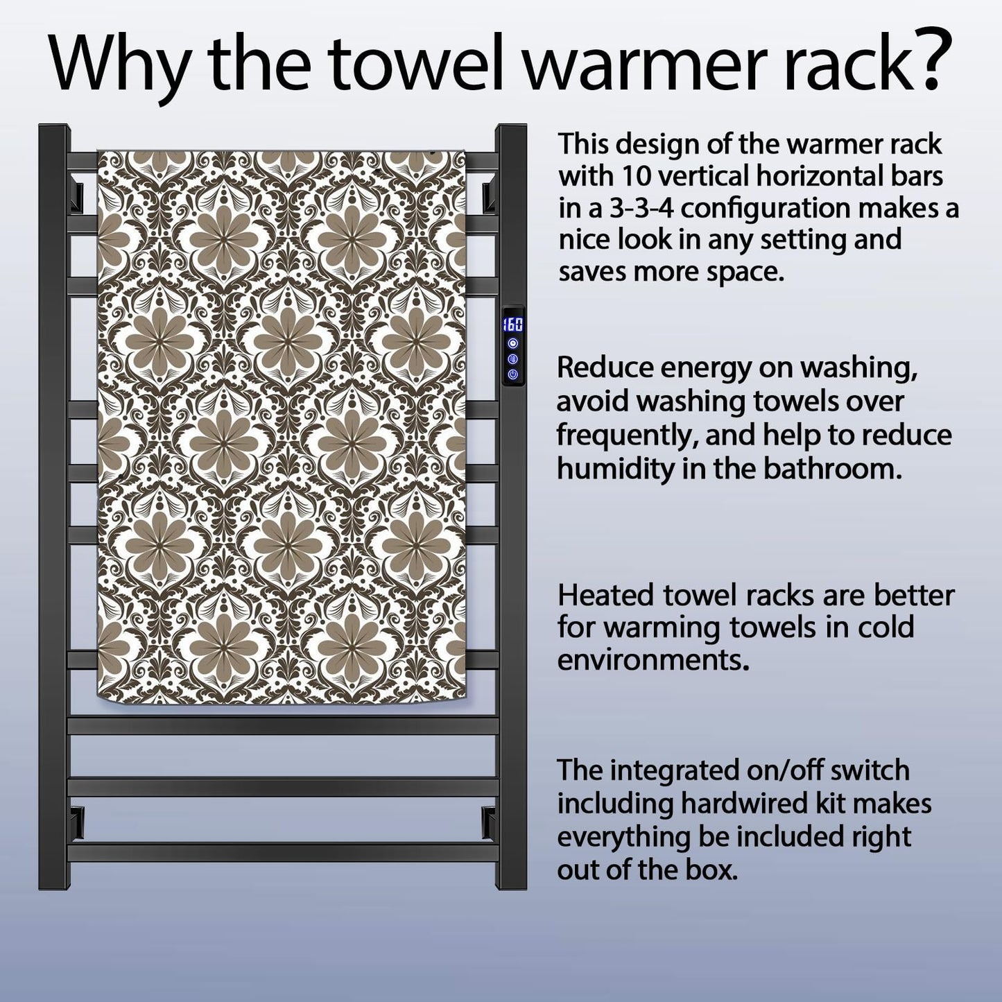 XBVV Black Towel Warmer Rack for Bathroom with Timer/Fahrenheit Display Electric Heated 10 Bars Drying Rail Plug-in or Hardwired Wall Mounted Heating Bath Towel Warming(Matte Black)