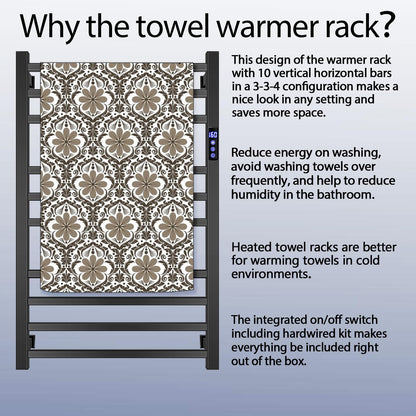 XBVV Black Towel Warmer Rack for Bathroom with Timer/Fahrenheit Display Electric Heated 10 Bars Drying Rail Plug-in or Hardwired Wall Mounted Heating Bath Towel Warming(Matte Black)