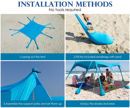 VVBE Beach Tent Sun Shelter 13x10FT, UPF50+ Outdoor Shade Canopy with 10 Sandbags, Sand Shovel, Ground Pegs & Stability Poles, Portable Beach Tent for Camping Fishing Picnics Travel