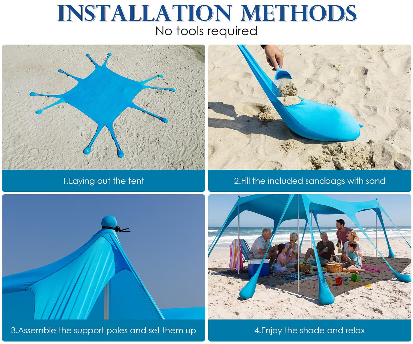 13x10FT Beach Tent Sun Shelter – UPF50+ Outdoor Canopy with 10 Sandbags, Sand Shovel, Ground Pegs & Stability Poles – Portable Shade for Camping, Fishing, Picnics & Beach Trips