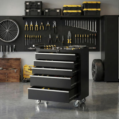 Garvee Rolling Tool Chest, 5 Drawers Tool Storage Cabinet, Toolbox with Wheels, Portable Tool Cabinet Organizer with Locking System & Drawer Liners, Tool Storage Cart for Garage, Workshop, Black