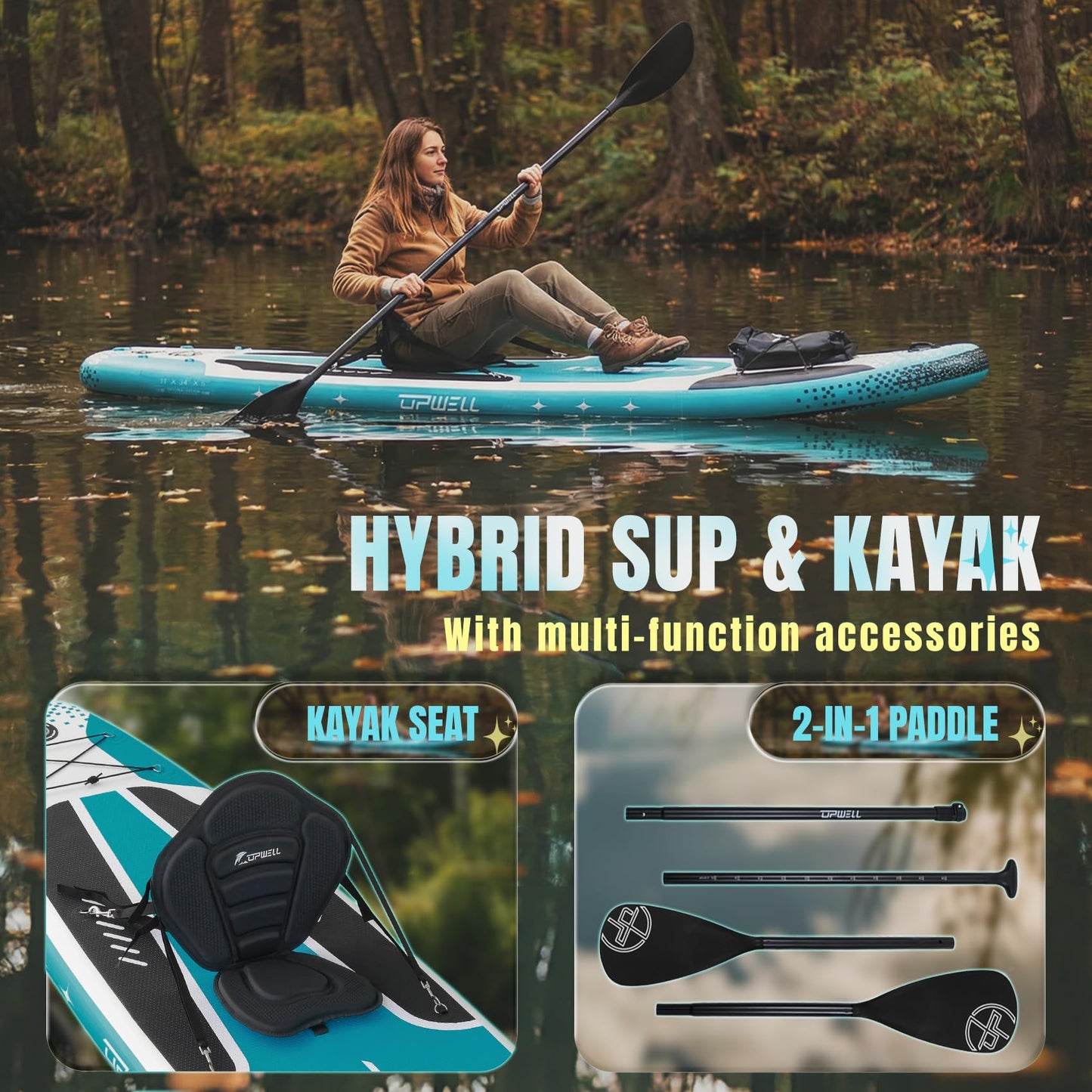 UPWELL 11'×34" Inflatable Stand Up Paddle Board with Kayak Seat, Premium SUP Paddle Boards for Adults, Blow up Paddle Boards 6” Thick, Cyclone