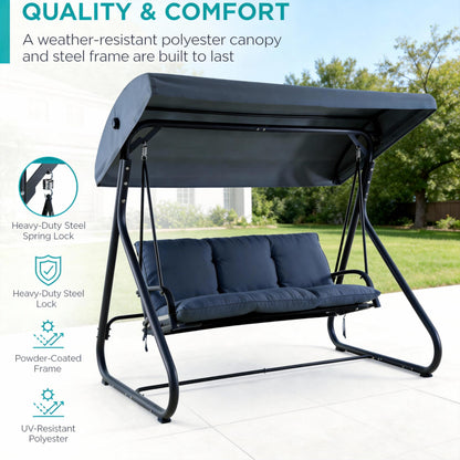 3-Seat Outdoor Convertible Swing Glider with Adjustable Canopy, 2-in-1 Bench to Flat Bed, Removable Cushions, Heavy-Duty Metal Frame, 750 LBS Weight Capacity for Patio, Backyard, Porch, Garden, Blue