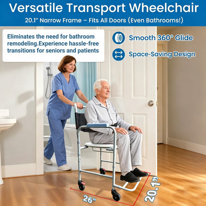 Aliseniors 3-in-1 Shower Chair with Wheels, Portable Bedside Commode & Toilet Safety Rail, Rust-Proof Rolling Commode for Elderly & Disabled, Fits Narrow Bathroom Doors, Waterproof, 250 lbs Capacity