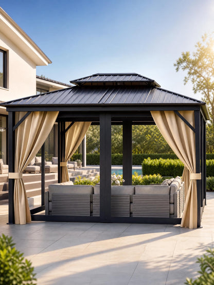 GarveeLife Hardtop Gazebo 10 ft x14 ft for All Weather, with Double Metal Roof, Aluminum Alloy Frame, Net, and Curtain, Permanent Building for Patio, Deck, Backyard, Lawn, and Garden