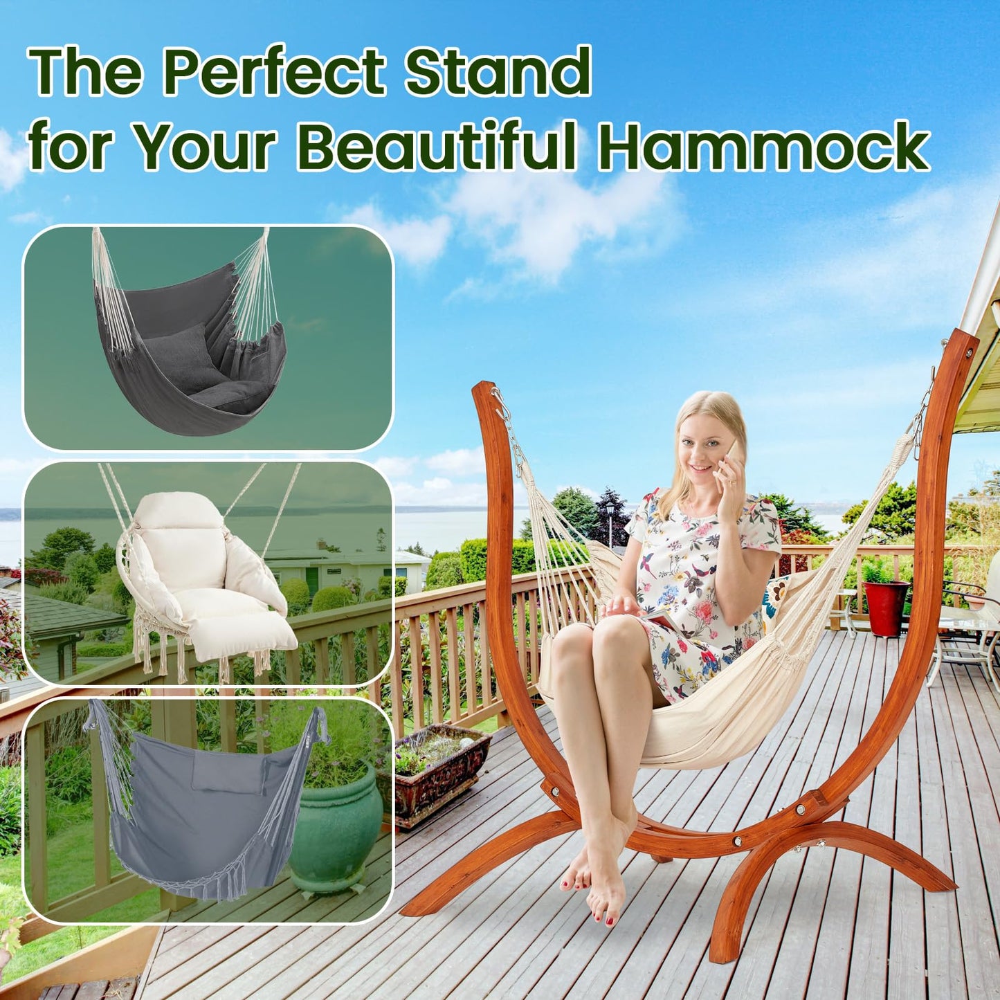 SELFLA Premium Wooden Hammock Stand only (500 lbs/226kg), Sun Protection & Rain Resistant, Heavy Duty Premium Solid Wood Hammock Chair for Indoor or Outdoor Use, Safe & Stable (Hammock Not Included)