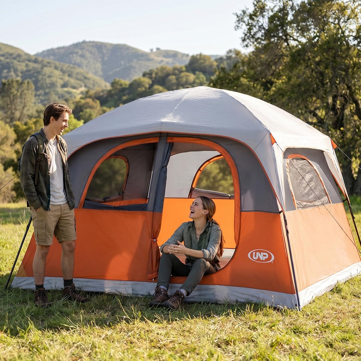 UNP Tents 6 Person Waterproof Windproof Easy Setup,Double Layer Family Camping Tent with 1 Mesh Door & 5 Large Mesh Windows -10'X9'X78in(H) Orange