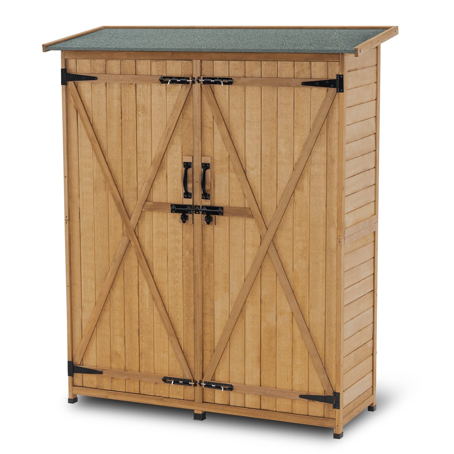 MCombo Outdoor Storage Cabinet with Shelves, Wood Garden Shed with Floor, Outside Tool Shed with 2 Lockable Doors for Yard Patio Lawn, 1400 (Natural)