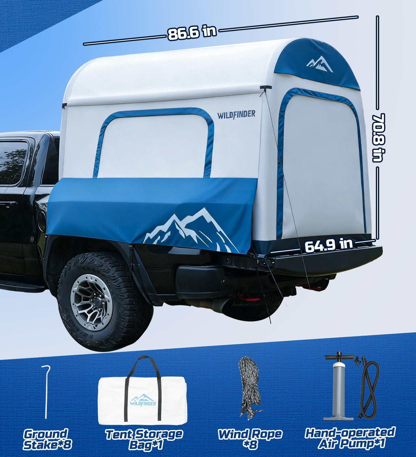 WildFinder Inflatable Truck Bed Tent for Camping 5.5ft-8ft, PU 3000mm Waterproof Pickup Truck Tent with 4'' Thick TPU Air Beams, 2 Mins Fast Setup Portable Ground & Truck Tent for 2-3 Person