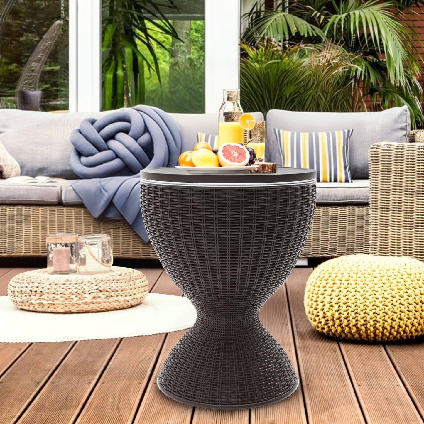 SHAREWIN Patio Cool Bar Table, Height-Adjustable Outdoor Bar Tables 8 Gallon Beer and Wine Cooler, 3-in-1 Rattan Style Ice Cooler with Drainage Plug for Pool Party (Grey)