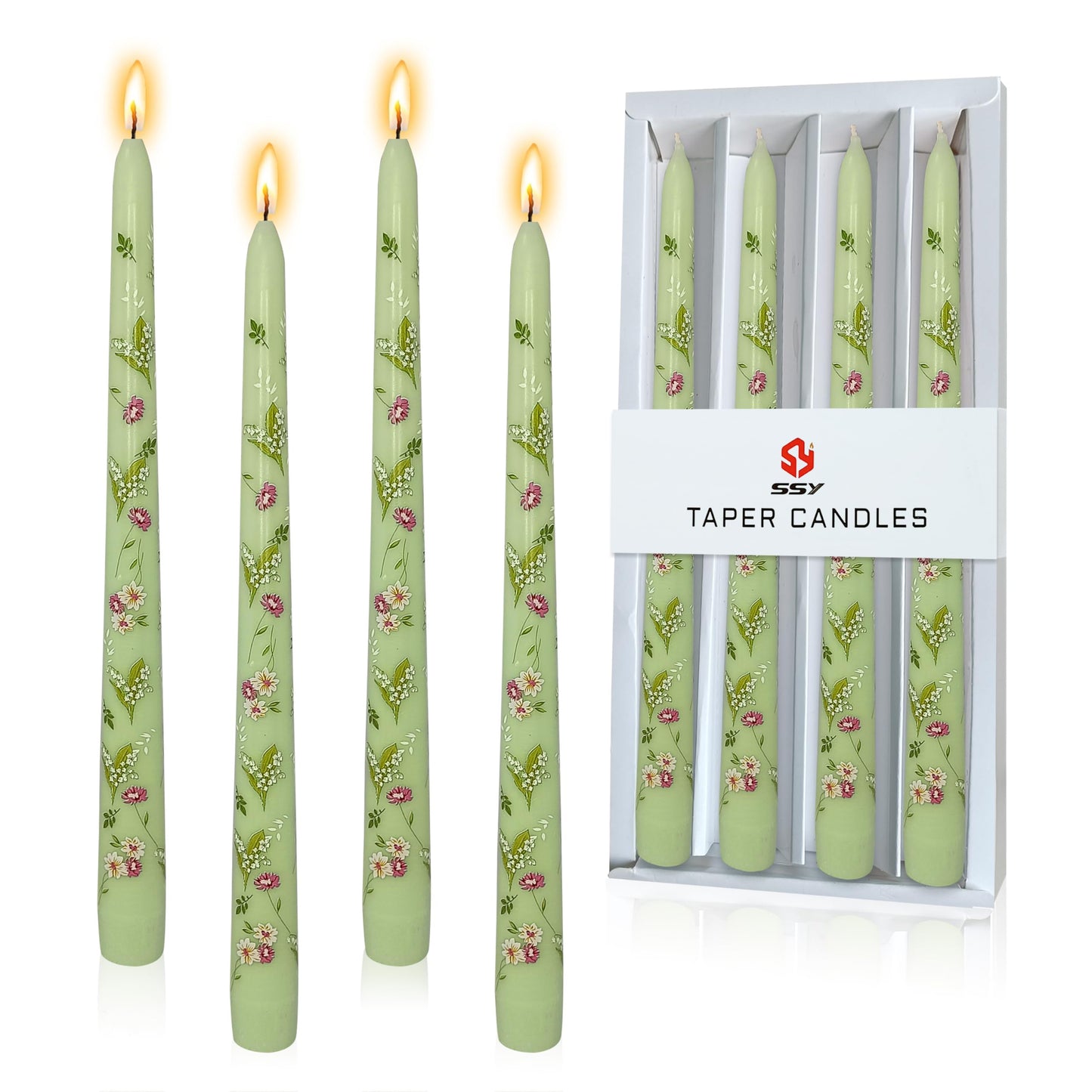 Scandinavian Tall Candle 10 in Green Printed Taper Candles Hand Printing Candlesticks Unscented Smokeless Tapered Candle Sticks for Home Decor Rustic Wedding Simple Modern, 4 Pack
