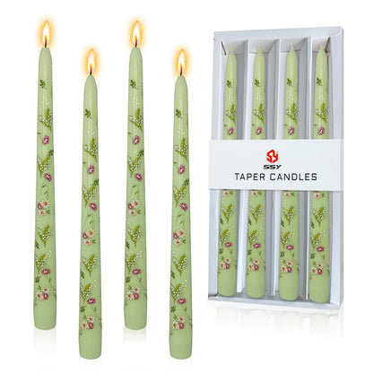 Scandinavian Tall Candle 10 in Green Printed Taper Candles Hand Printing Candlesticks Unscented Smokeless Tapered Candle Sticks for Home Decor Rustic Wedding Simple Modern, 4 Pack