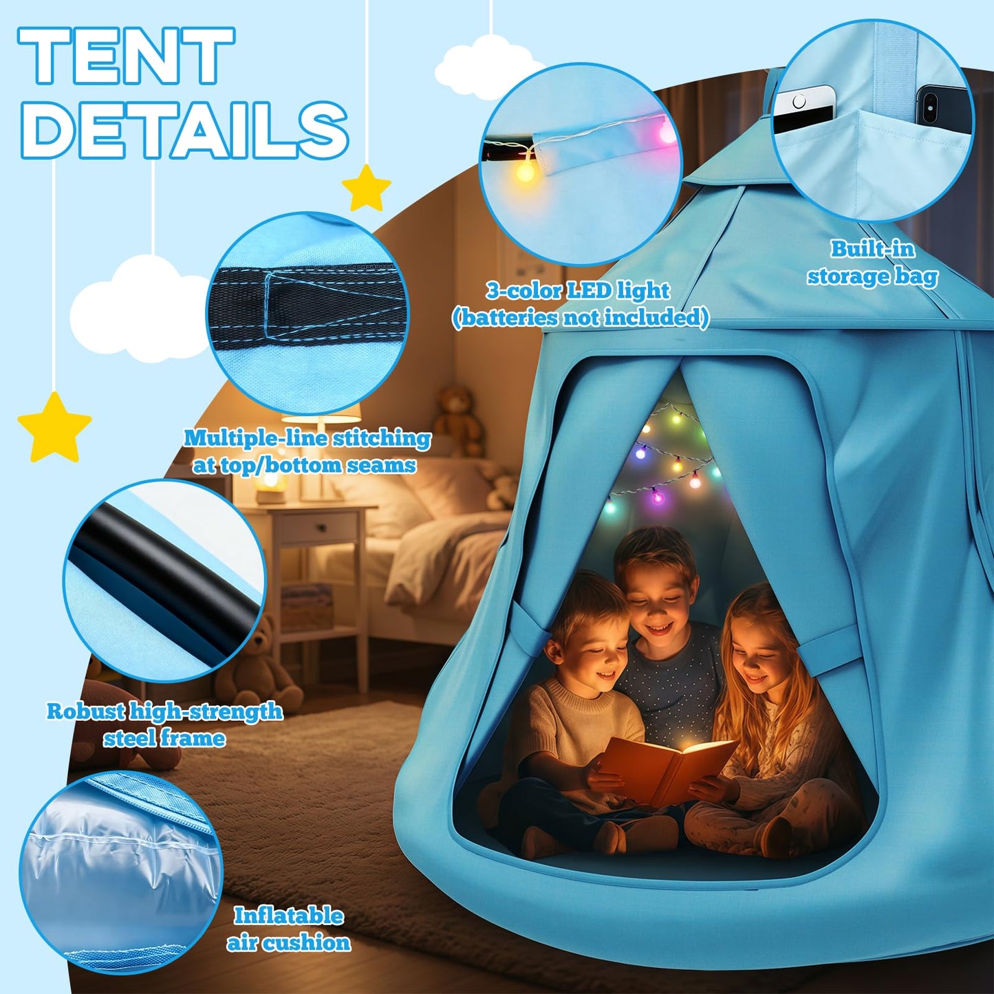 Swing Set with Tent Swing, Hanging Tree Tent w/Swing Frame, X-Shaped Swing Stand with Tent Swing, Tent Swing Chair, 330 lbs, w/Rainbow Lights String, Indoor Outdoor Use (Light Blue)