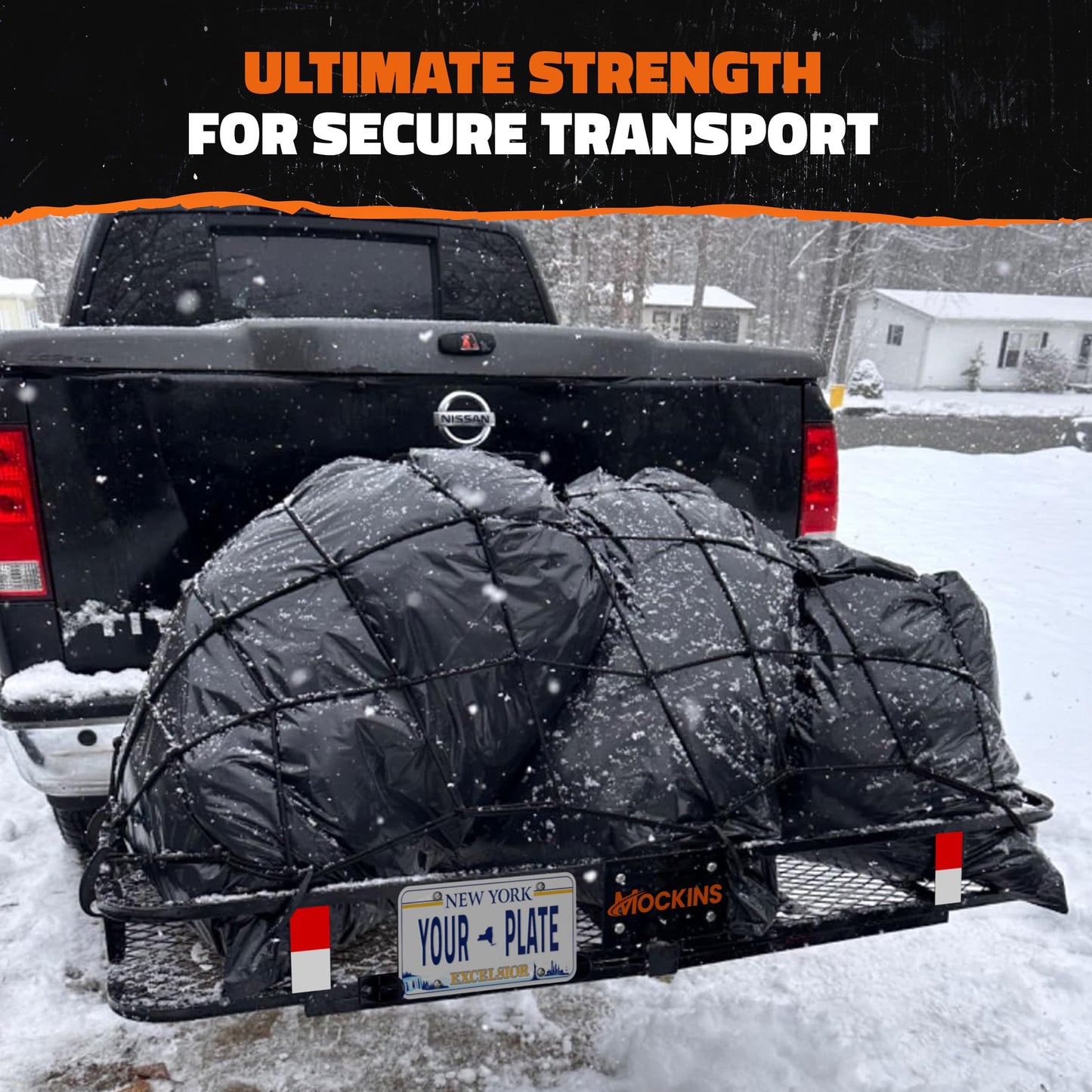 Mockins 60"x24"x6" Heavy Duty Trailer Hitch Cargo Carrier & 25 CuFt Waterproof Cargo Bag for Hitch Carrier | 500 Lbs. Capacity Folding Luggage Rack for SUV Car Truck with Plate Bracket & Accessories