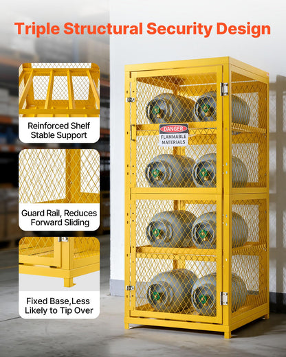 VEVOR Horizontal Cylinder Storage Cabinet, 30"L x 30"W x 70.3"H, 8 Cylinder Capacity, 4-Tier Propane Storage Cage, with Lock and Keys, Yellow Powder-Coated Carbon Steel, for Propane, Oxygen, Nitrogen