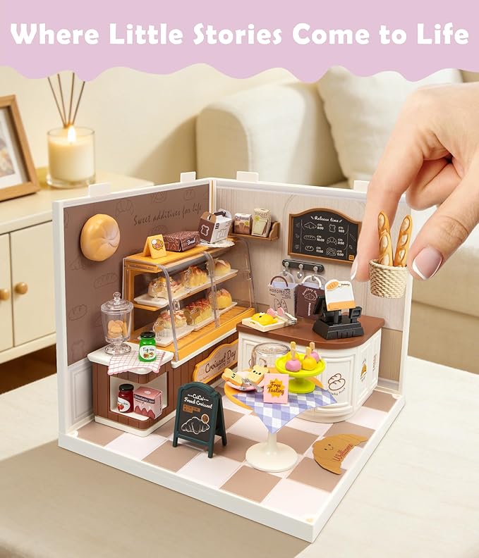 Miniature Bakery Dollhouse Kit - Sunny Pastry Shop DIY Room with Glass Door &amp Protective Roof &amp LED Lights - Creative Building Toy for Adults Teens and Kids - Unique Gift Idea