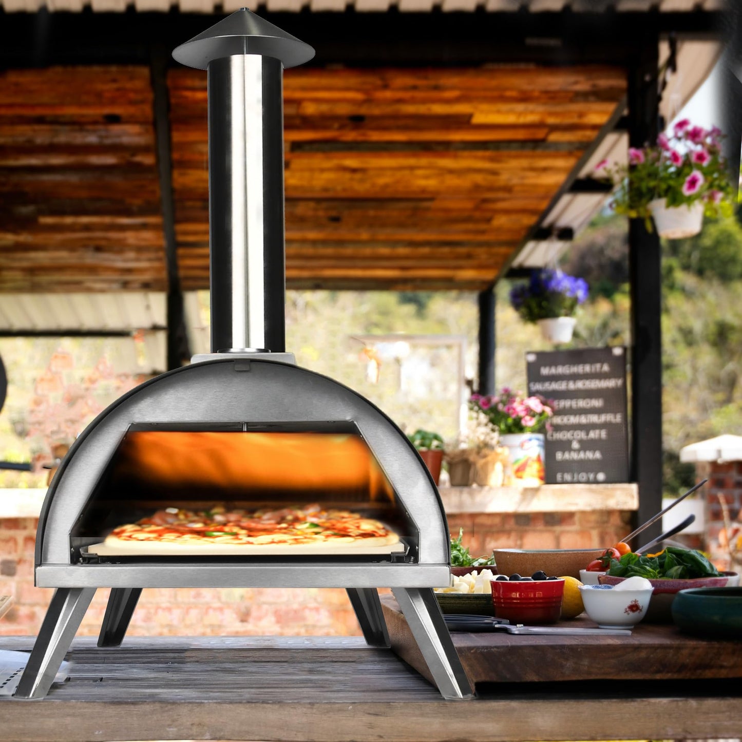 12" Wood Pellets Pizza oven with Thermometer – Portable Wood Fired Pizza stove, Stainless Steel, Quick Heat-Up, 12" Pizza Stone for Camping and Outdoor Cooking, Great Gift for Camping Enthusiasts
