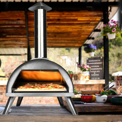 12" Wood Pellets Pizza oven with Thermometer – Portable Wood Fired Pizza stove, Stainless Steel, Quick Heat-Up, 12" Pizza Stone for Camping and Outdoor Cooking, Great Gift for Camping Enthusiasts