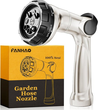 FANHAO Heavy Duty Garden Hose Nozzle - 100% Metal with 8 Spray Patterns for Efficient Watering