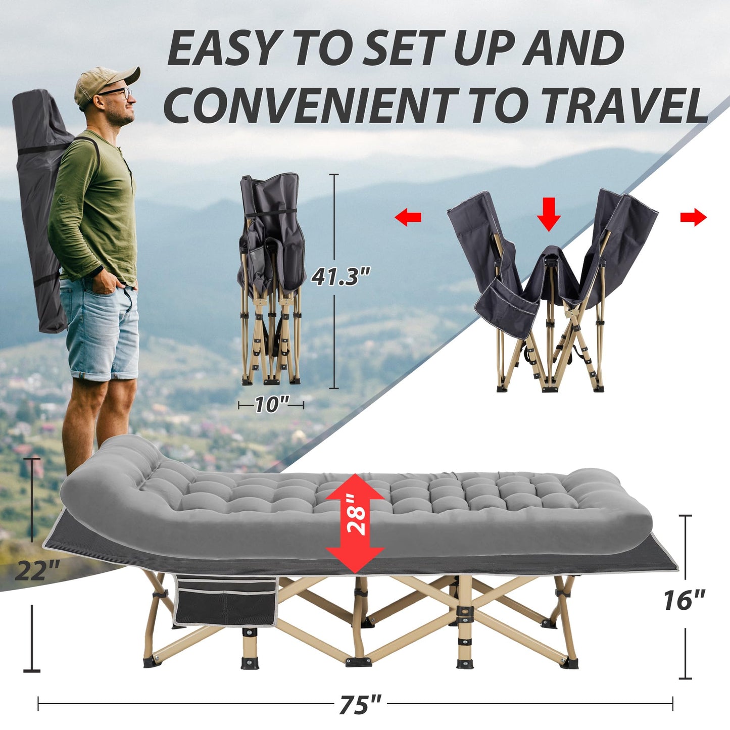 Candockway Folding Camping Cot for Adults, Portable Cot Bed with Comfy Mattress, 28" Extra Wide Sleeping Cots with Carry Bags for Home, Office Nap, Outdoor Travel Camp Beach, 600LBS(Max Load)