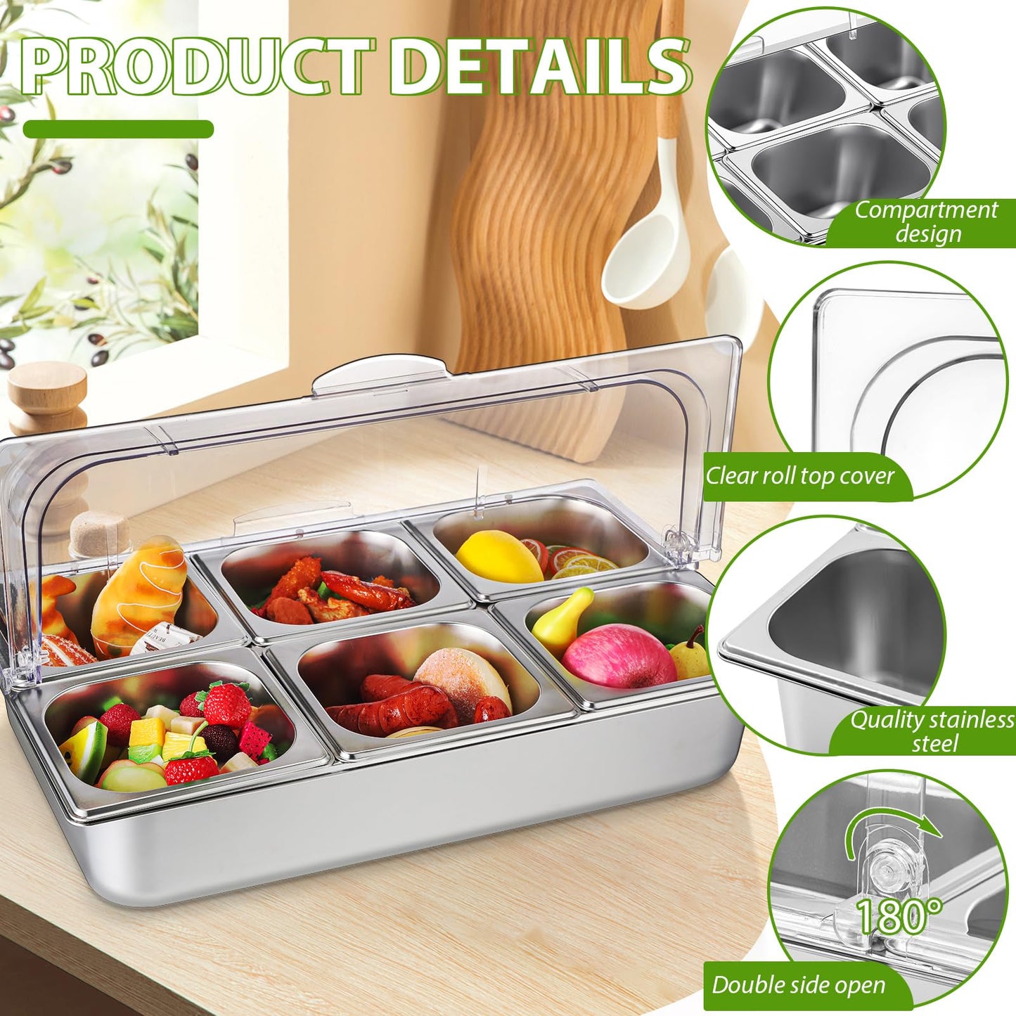Ziliny 6 Pan Countertop Ice Food Serving Display Container with Clear Roll Top Cover, Stainless Steel Serving Tray Buffet Condiment Dispenser for Restaurant Hotel Kitchen Party